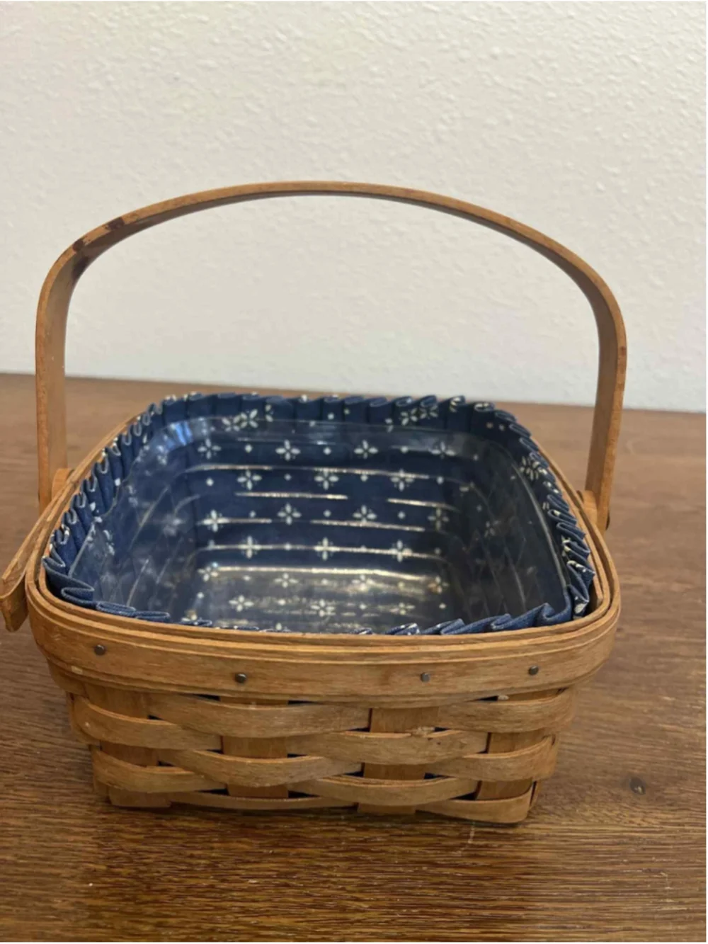 Vintage Longaberger Basket 1990 Signed JH Blue Fabric Liner & Plastic Protector